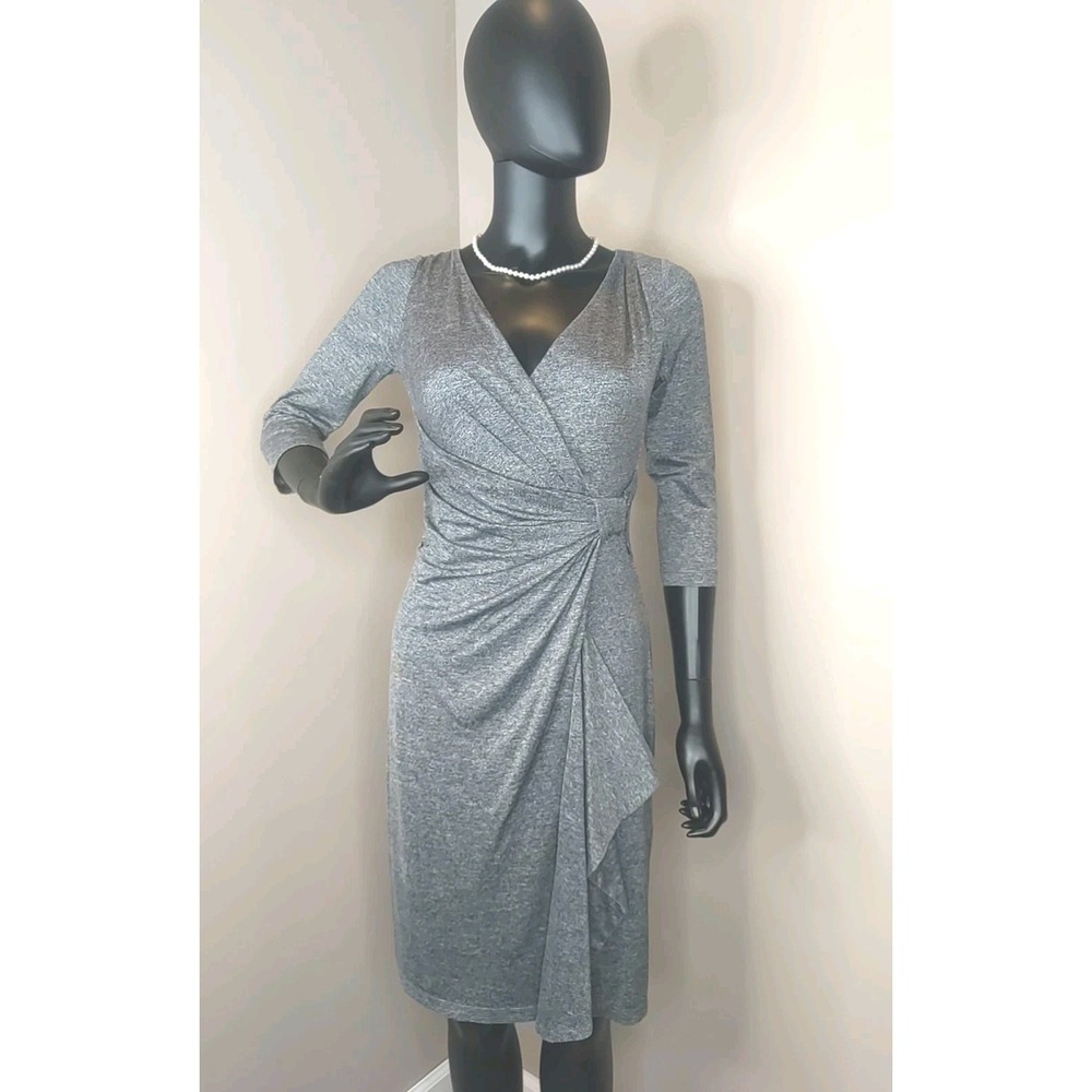 David Meister Women Heather Grey Faux Ruch Wrap 3/4 Sleeve Zip Dress Size 2